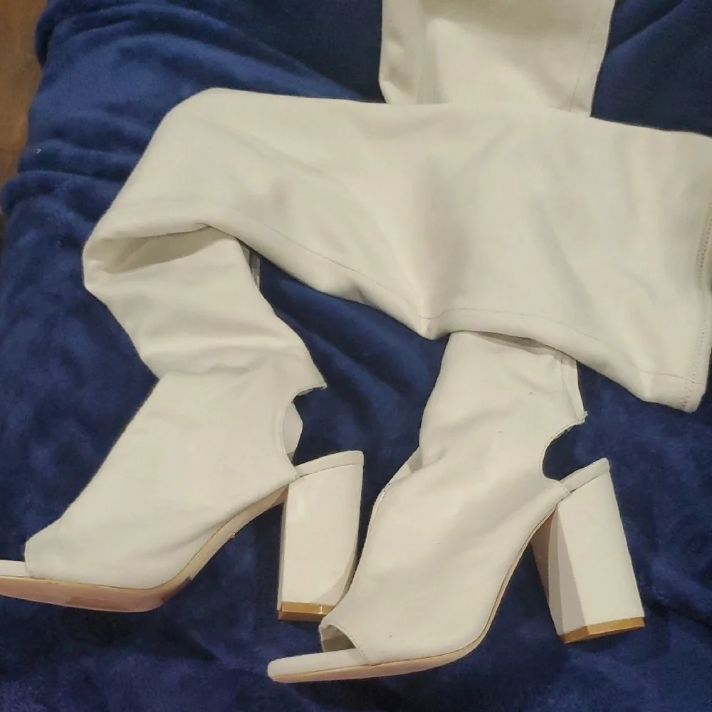 RAYE Cream Thigh High Over-the-Knee Peep Toe Open Heel Back Zip Boots